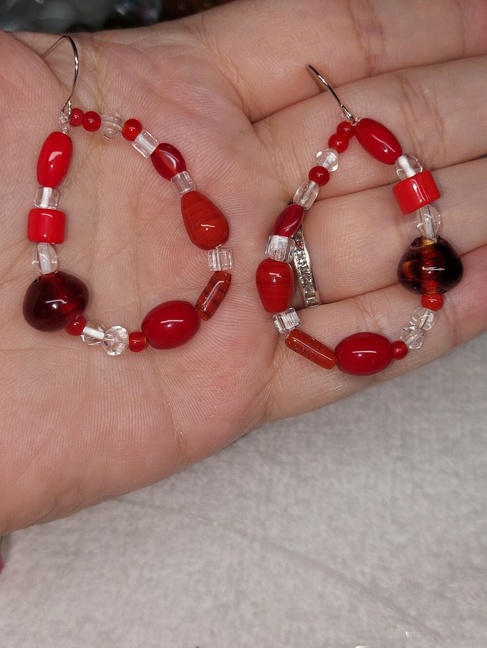 Red Glass Beaded Hoop Earrings - Women Jewelry Handmade